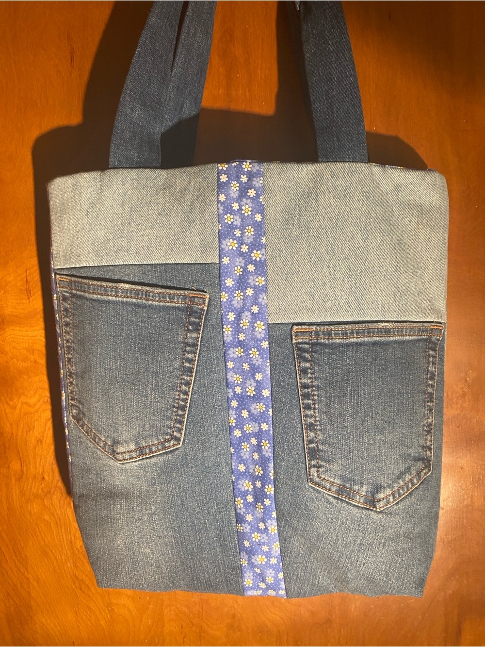Denim Shoulder Tote with Blue Floral Stripe